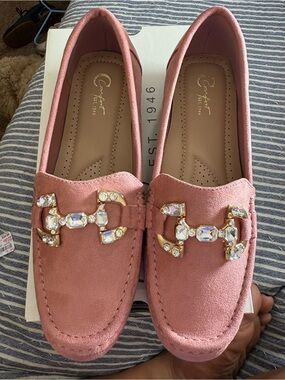 Comfort Fashion Pink Jeweled Suede Loafers